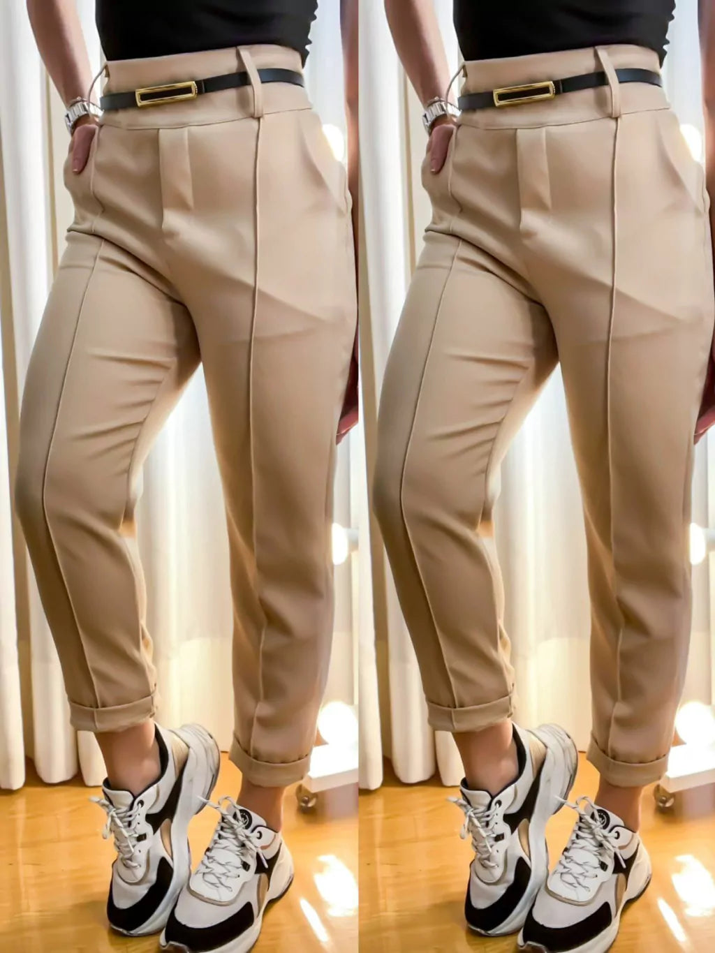 Calça Feminina Skinny em Alfaiataria com Cinto Fino e Zíper Lateral