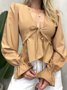 Blusa Feminina Manga Longa em Crepe Boho Chic com Amarração