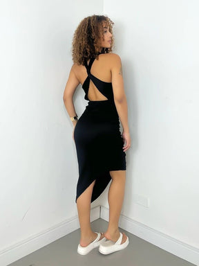 Vestido Midi Tatiane em Ribana Assimétrico com Alça Cruzada