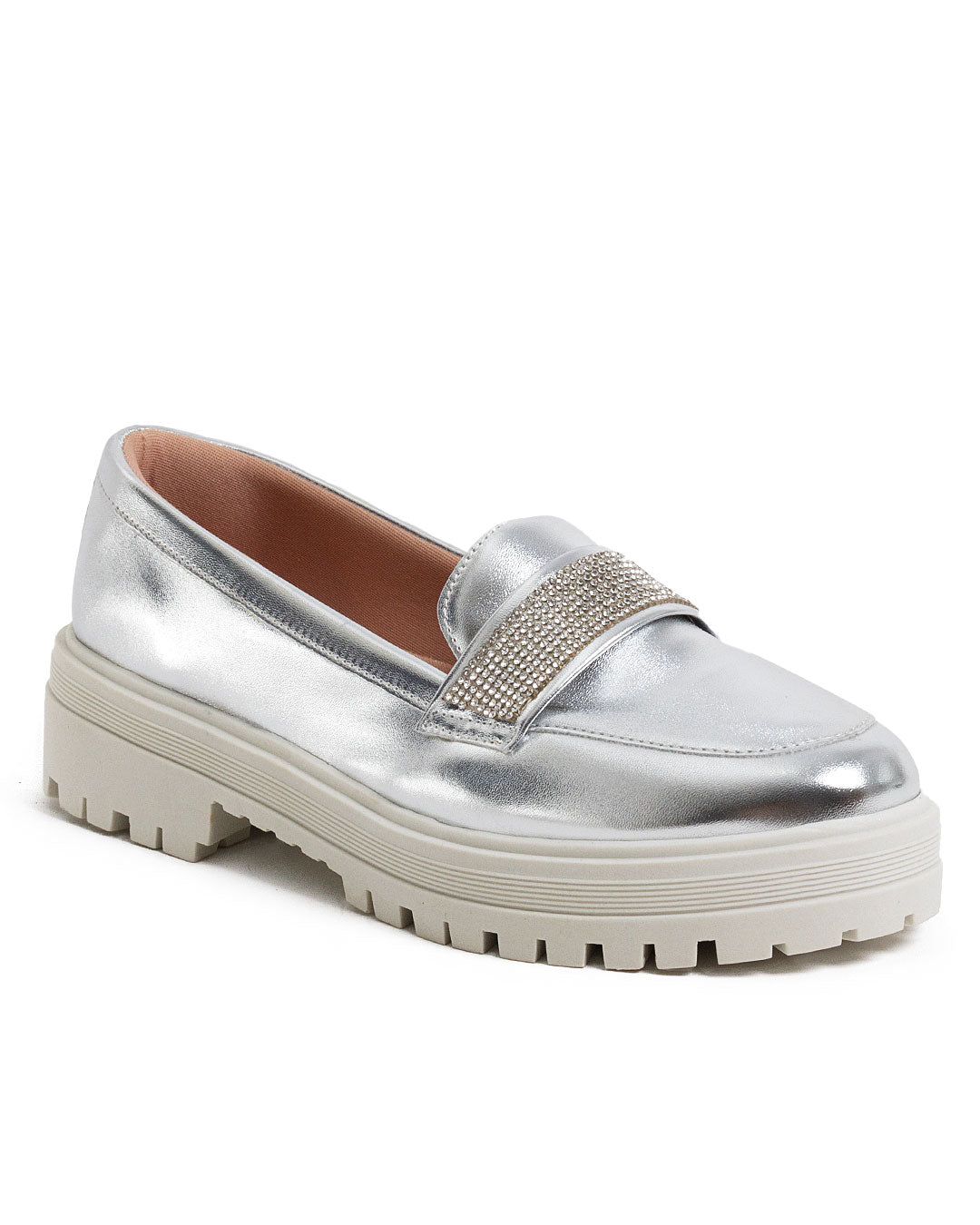 Loafer Feminino Tratorado em Napa Prata com Strass