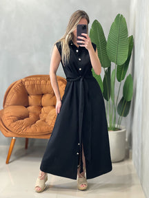 Vestido Longo Juliete em Alfaiataria Sensoriale com Botões e Amarração