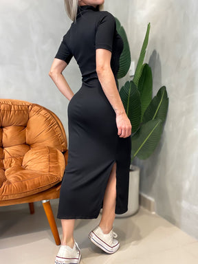 Vestido Midi Gislene em Ribana com Manga Curta e Gola