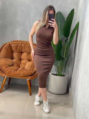 Vestido Midi Graziela em Ribana Regata com Gola e Zíper Frontal