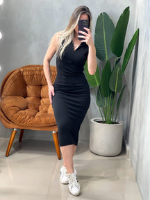 Vestido Midi Graziela em Ribana Regata com Gola e Zíper Frontal